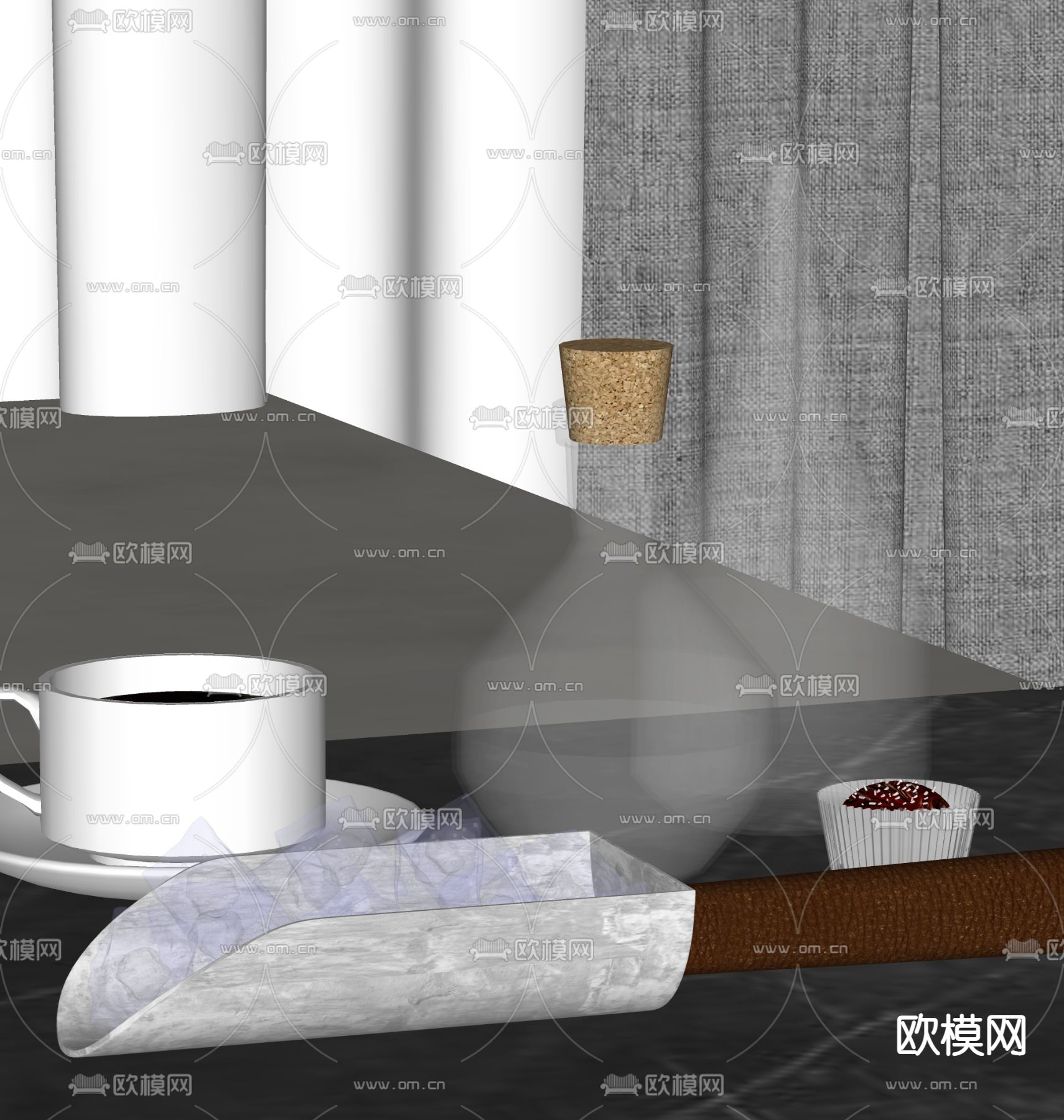 水杯 咖啡杯 咖啡 冰块 铲冰刀su模型下载（渲染图1）
