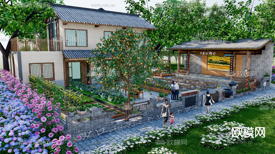 新中式乡村 农村农家 庭院院子 菜园子su模型下载(渲染图2)