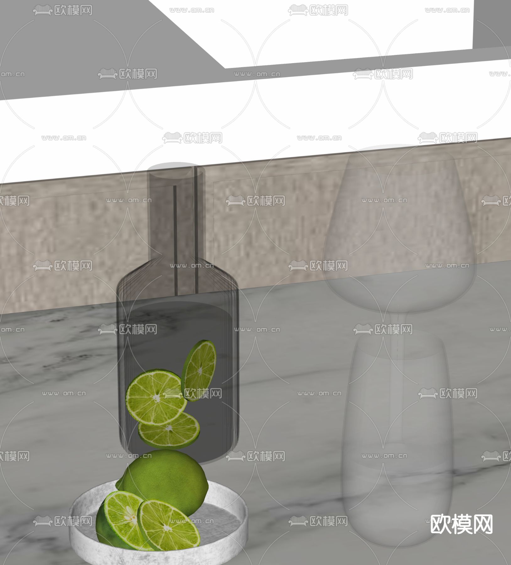水杯 厨房用具 高脚杯 柠檬 果盘su模型下载（渲染图1）