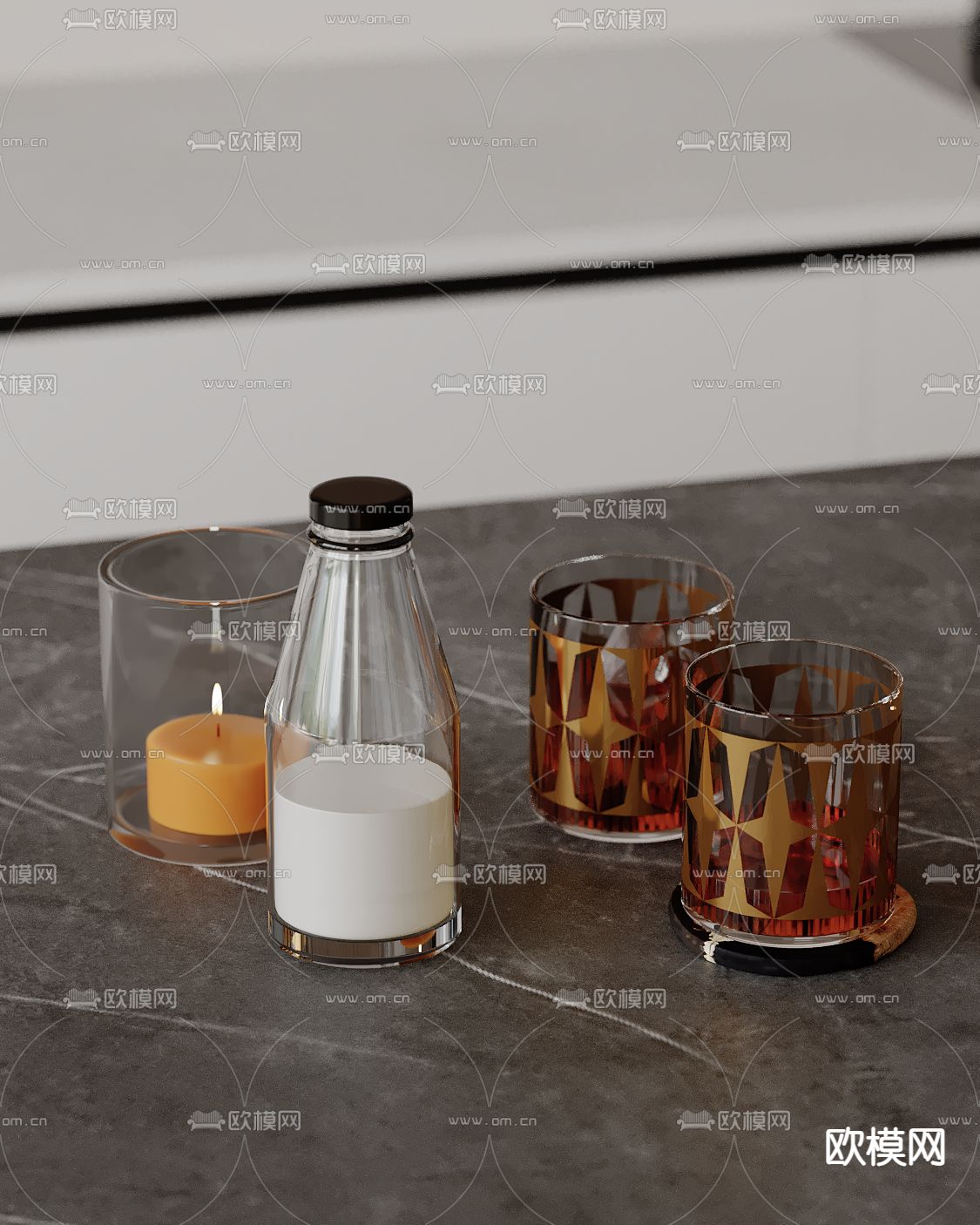 厨房用具 酒杯酒瓶 牛奶瓶 蜡烛 摆件 水杯su模型下载（渲染图2）