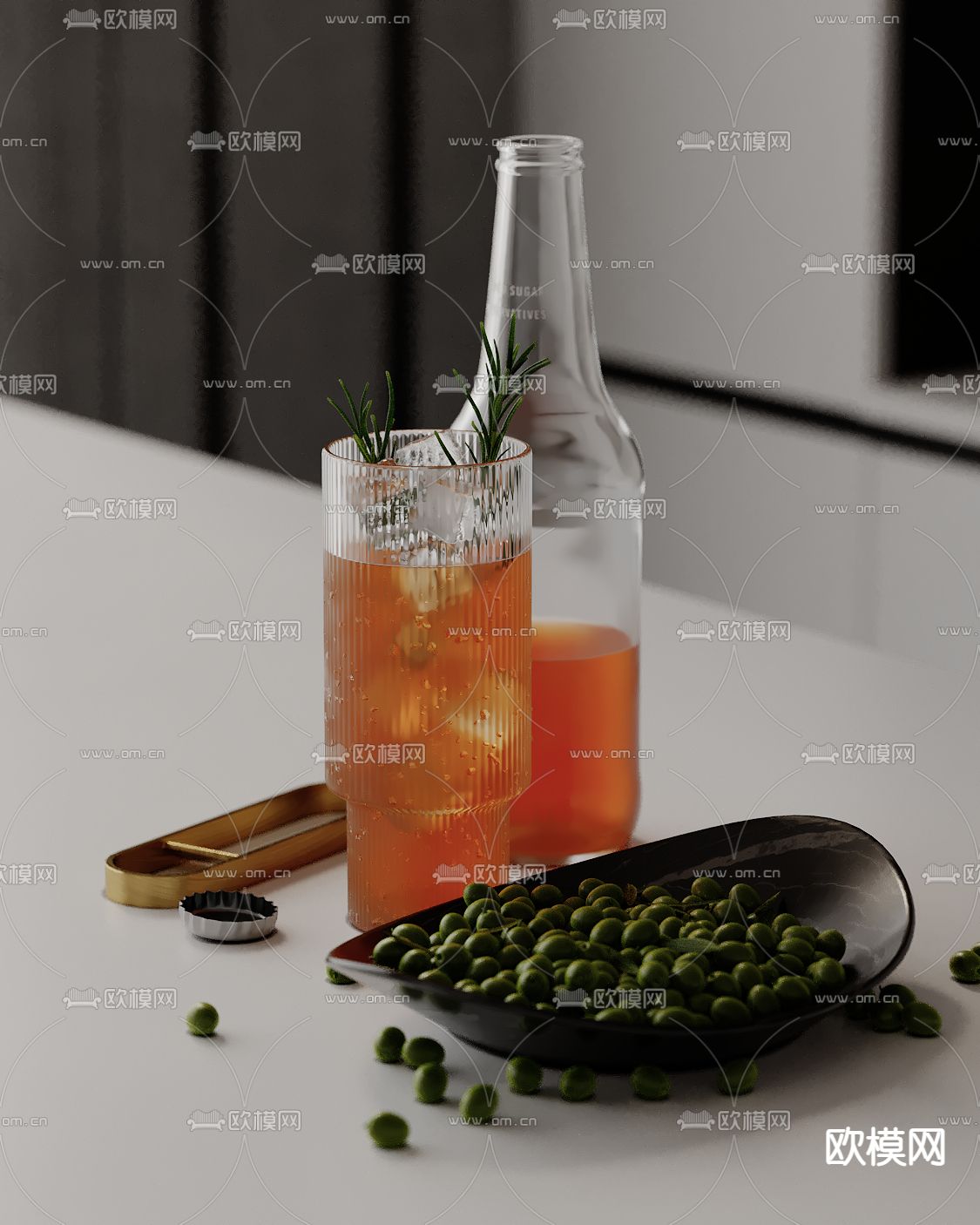 饮料杯 酒瓶 厨房用具 冰块 饮料su模型下载（渲染图2）