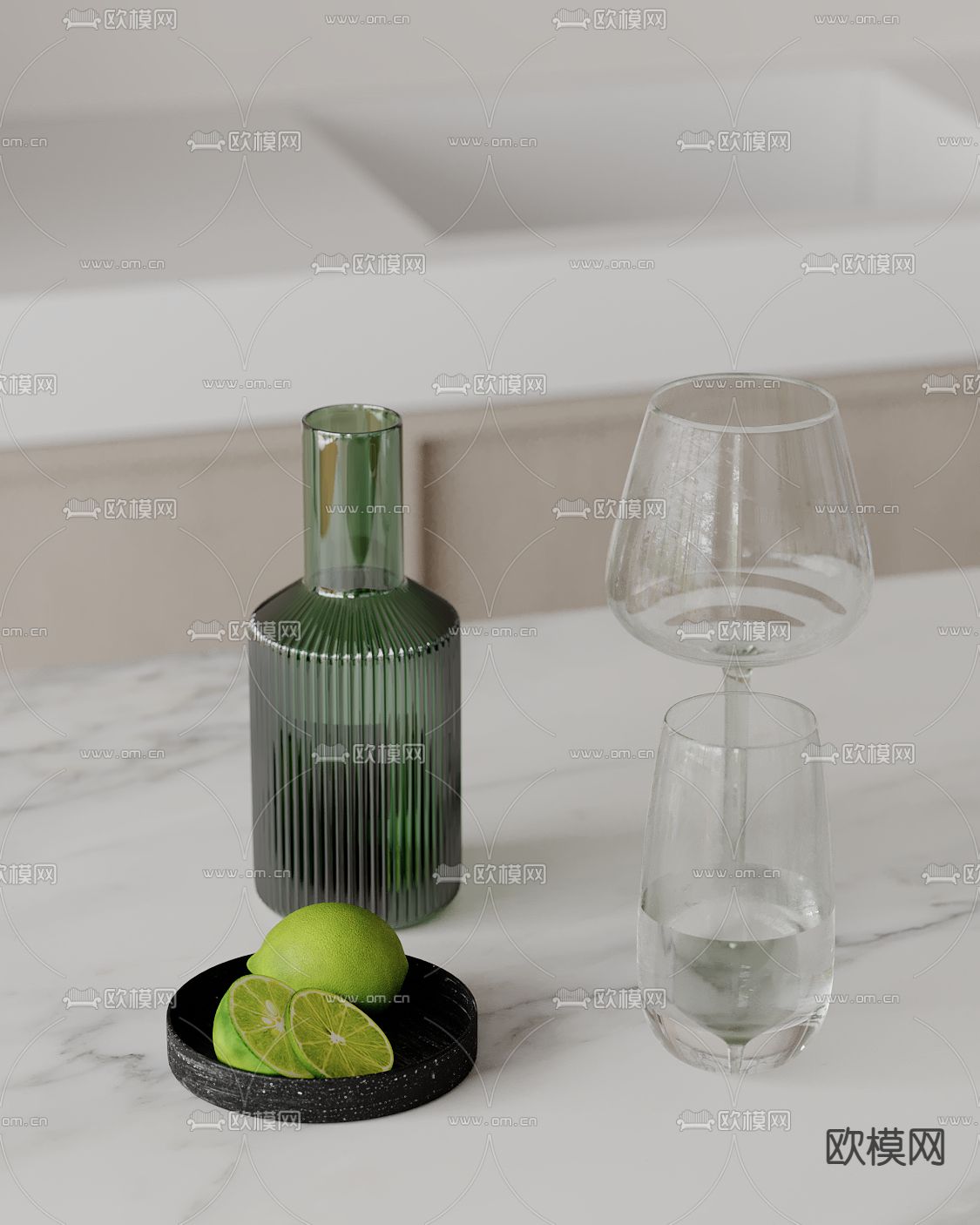 水杯 厨房用具 高脚杯 柠檬 果盘su模型下载（渲染图2）