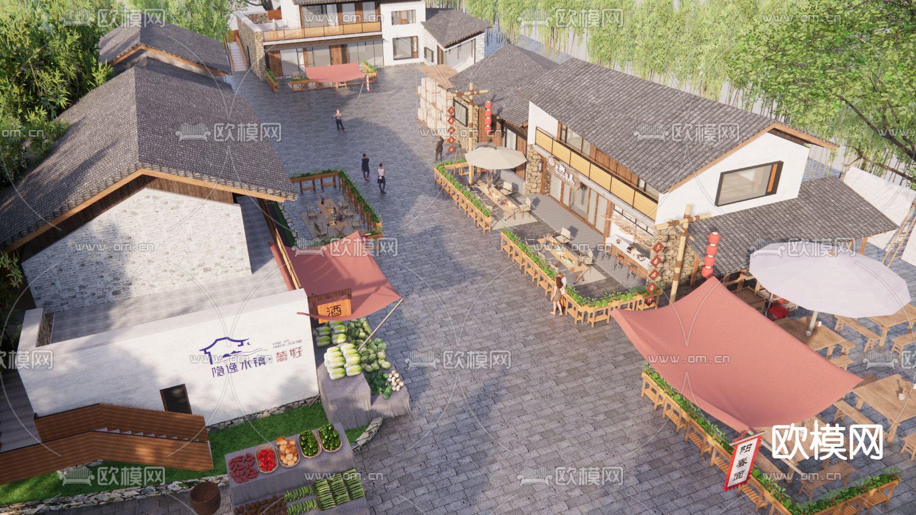 新中式 小镇商业街 民宿步行街su模型下载（渲染图3）