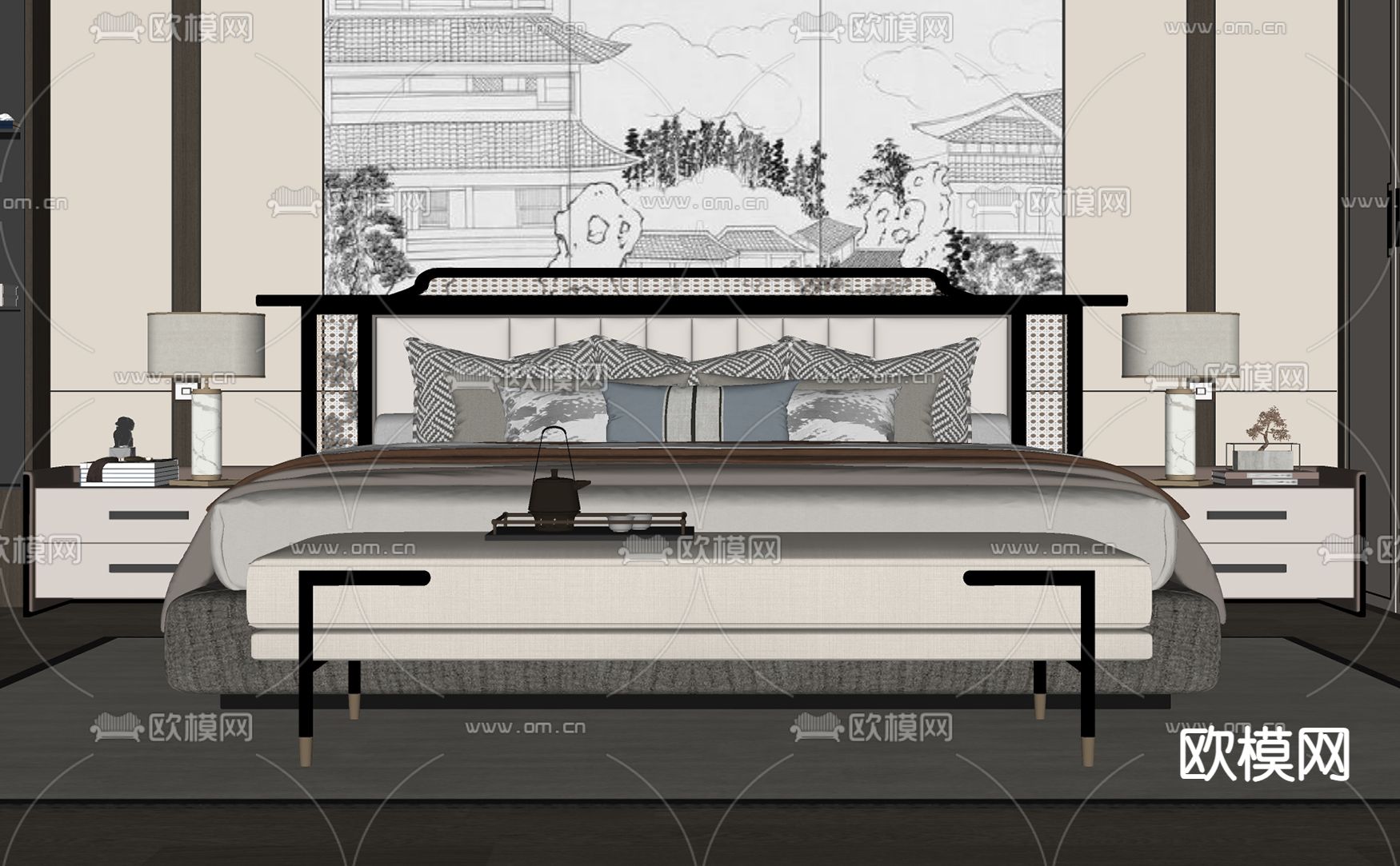 新中式双人床su模型下载（渲染图1）