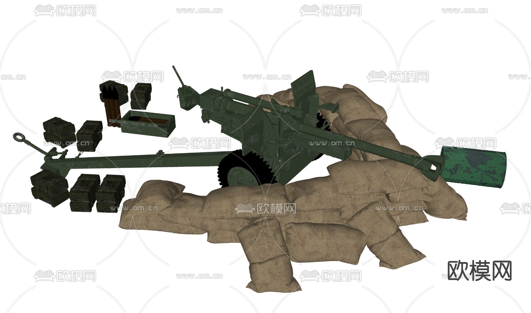 炮兵阵地 沙袋 榴弹炮su模型下载（渲染图1）