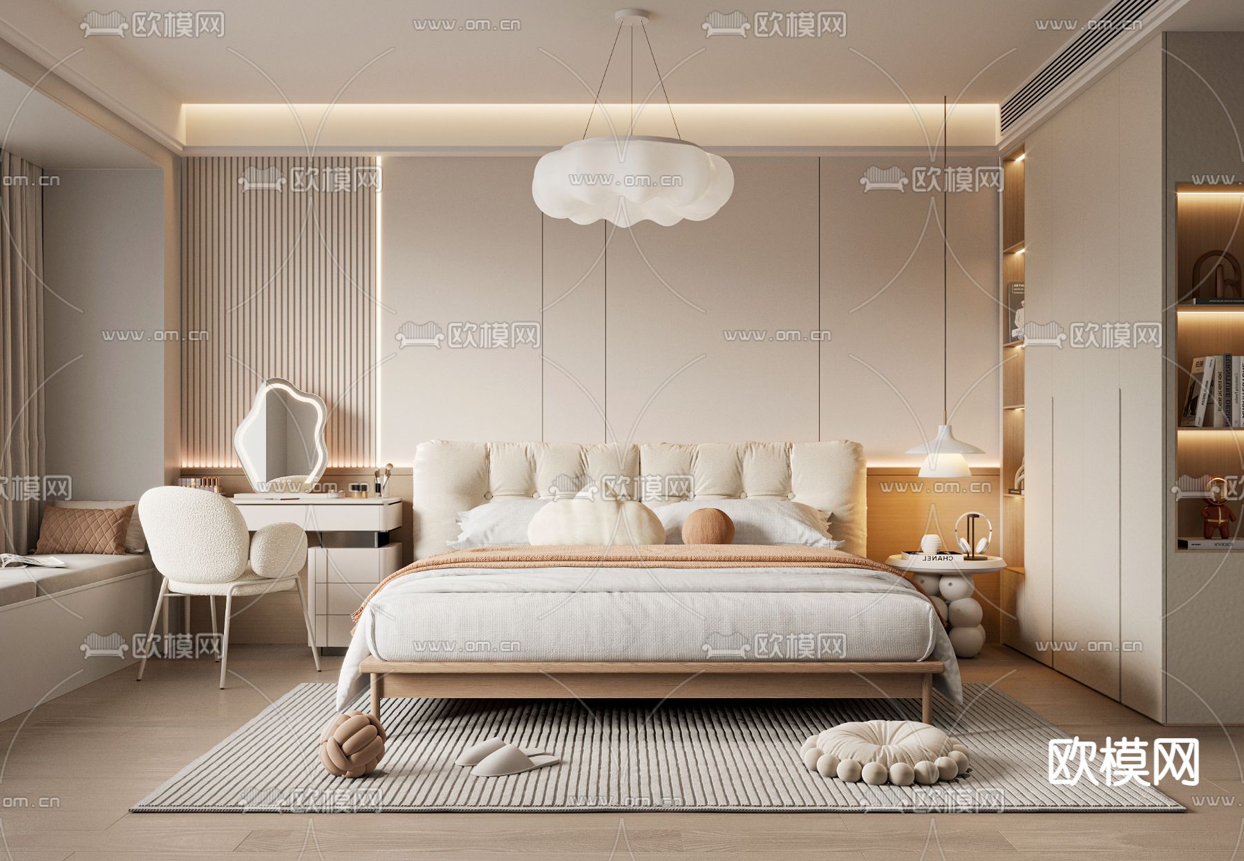 奶油风卧室 主人房3d模型下载