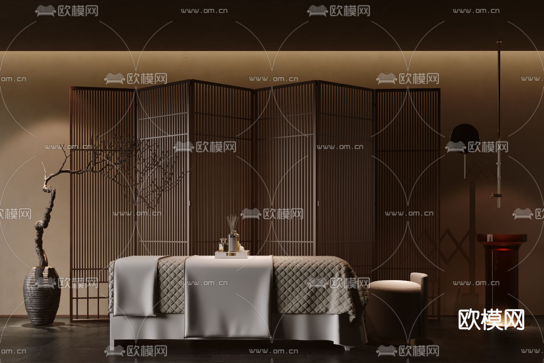 新中式按摩床 美容床su模型下载（渲染图2）