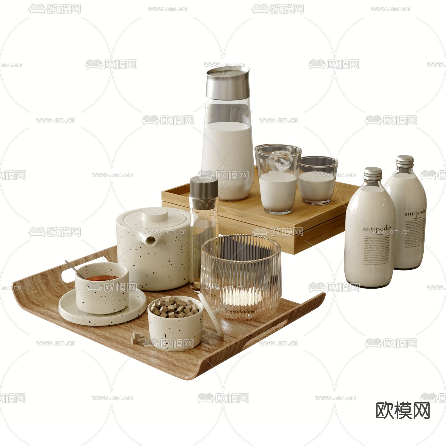 茶具 茶杯 托盘 牛奶su模型下载（渲染图2）