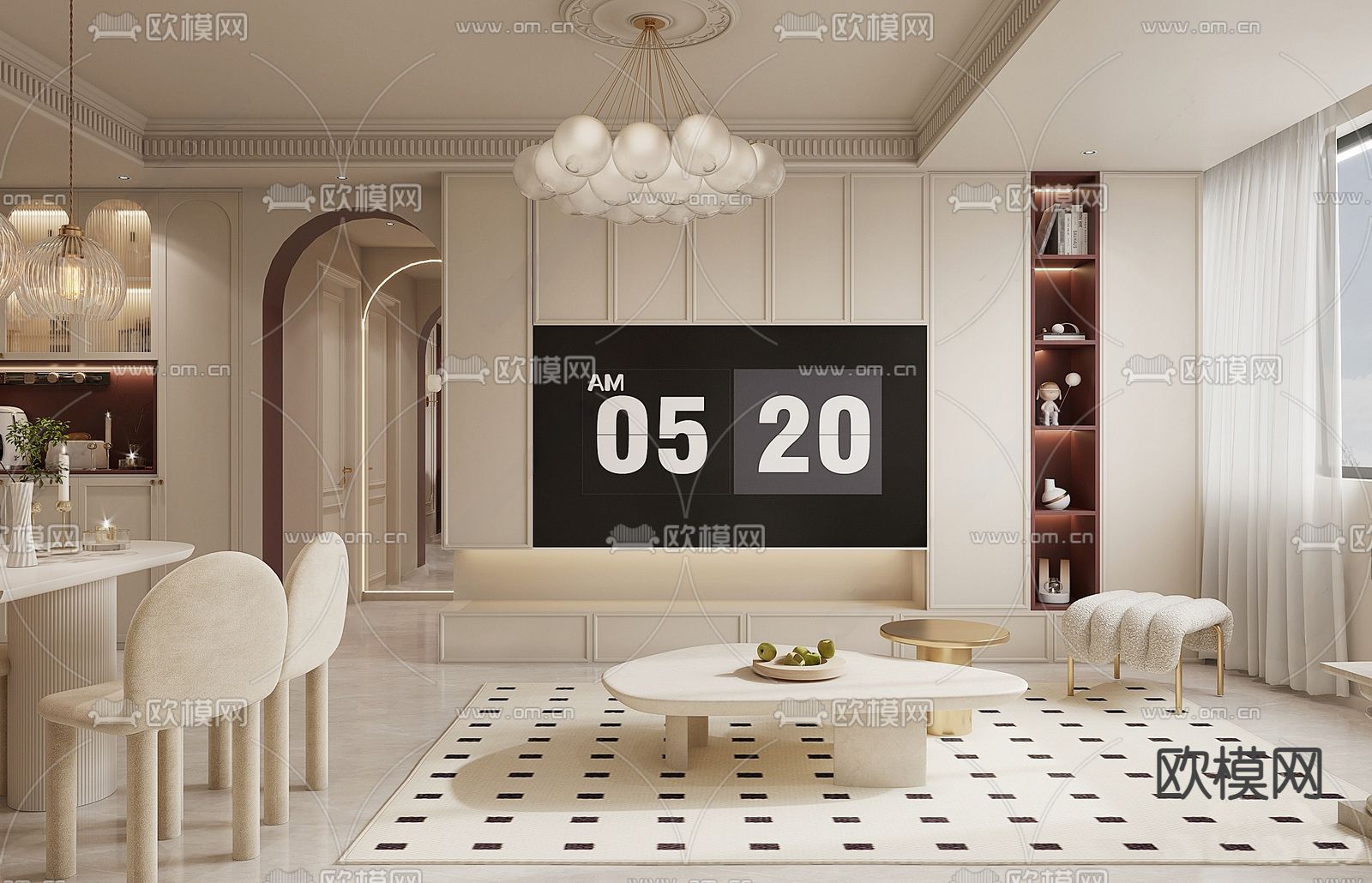 奶油风酒柜 一体柜3d模型下载（渲染图2）