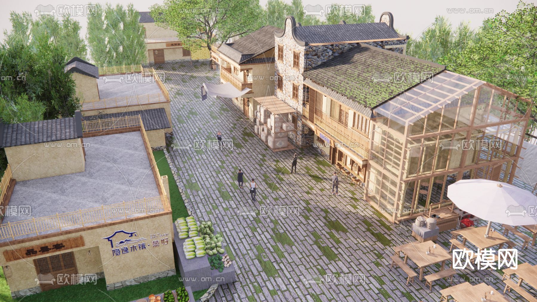 乡村商业街 旅游小镇 乡村田园民宿su模型下载（渲染图2）