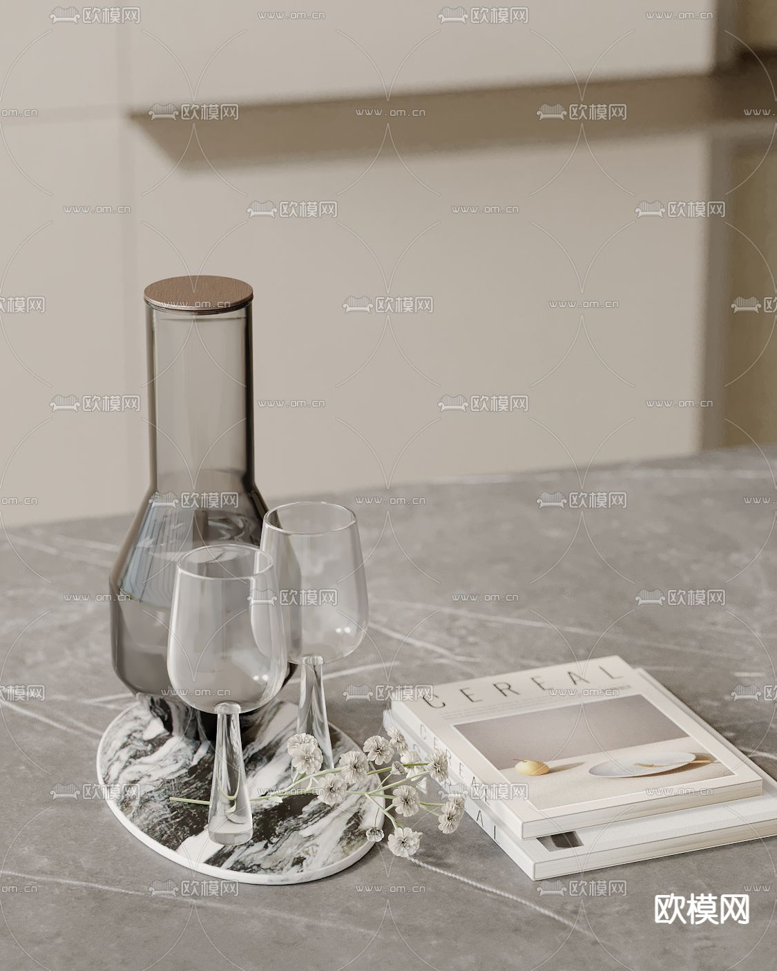 酒瓶 酒杯 书本 厨房摆件su模型下载（渲染图2）