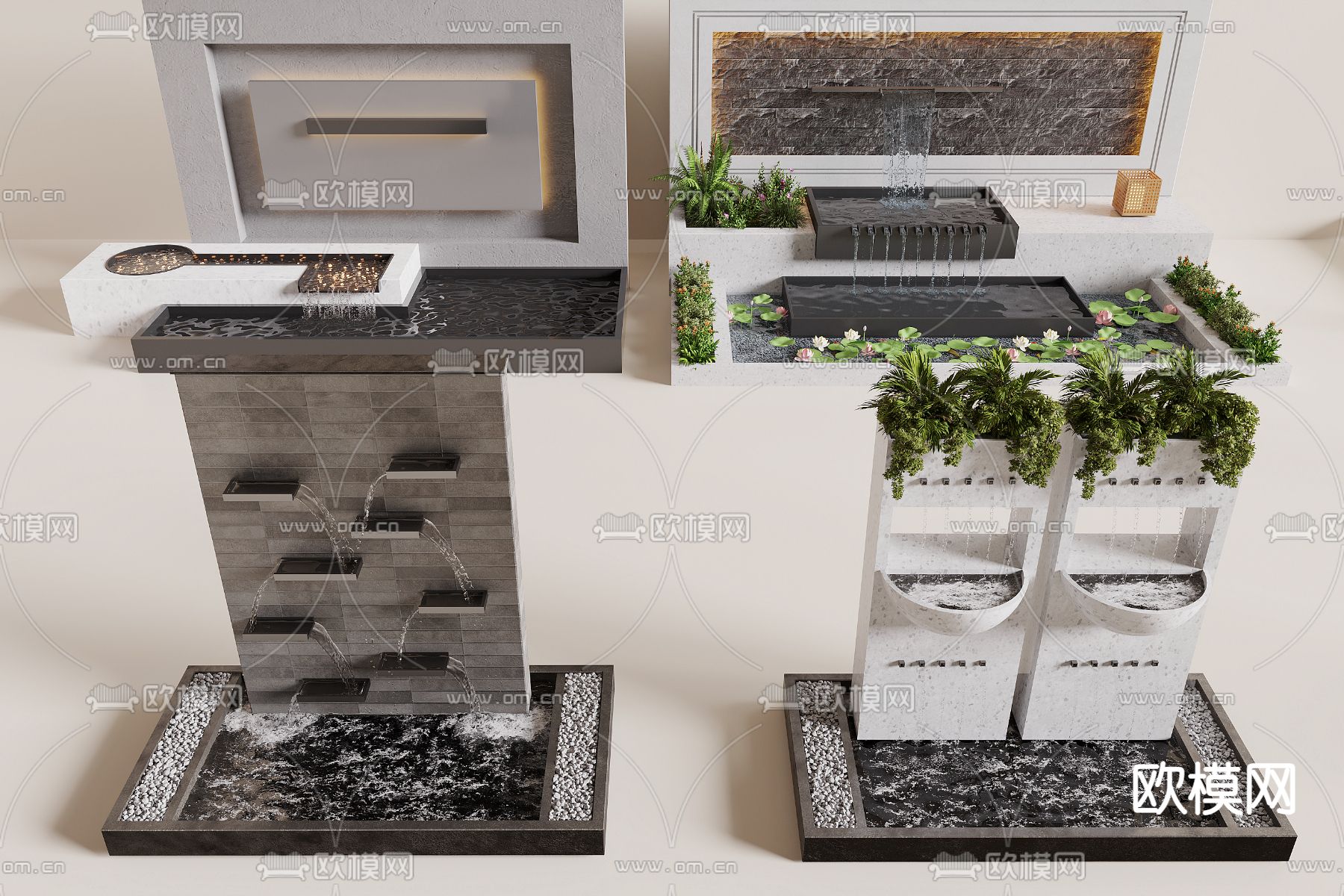 新中式水景墙 跌水瀑布 水池3d模型下载