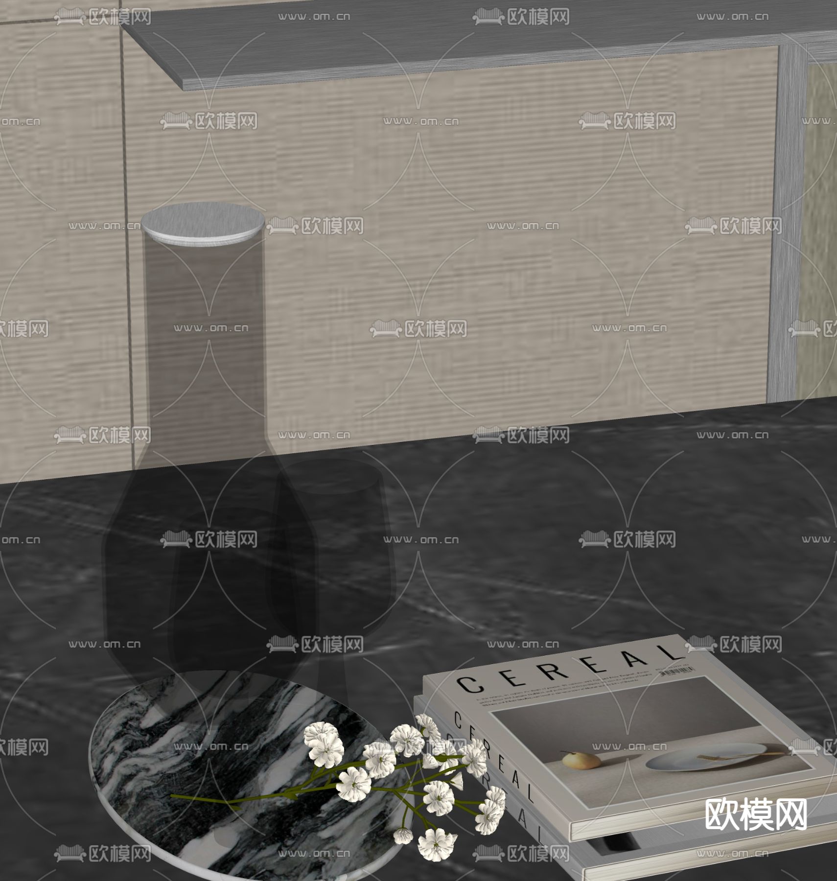 酒瓶 酒杯 书本 厨房摆件su模型下载（渲染图1）