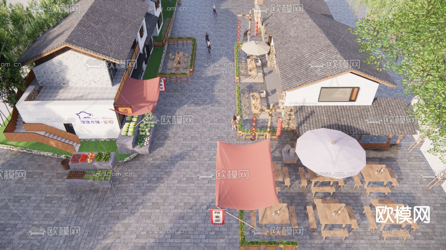 新中式 小镇商业街 民宿步行街su模型下载（渲染图2）