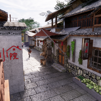  旅游小镇 乡村商业街 小巷景观su模型 