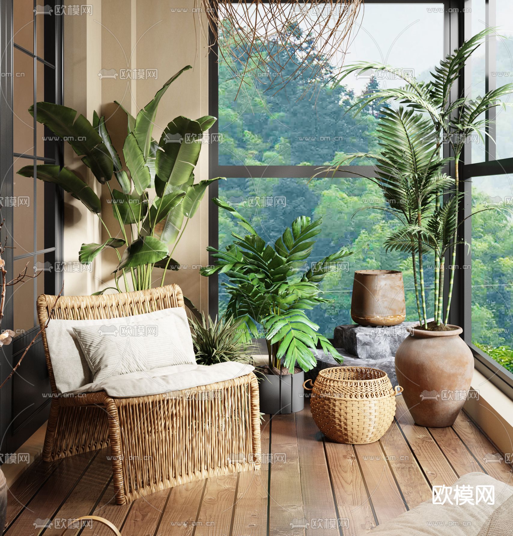 侘寂别墅阳台 休闲阳台3d模型下载（渲染图2）