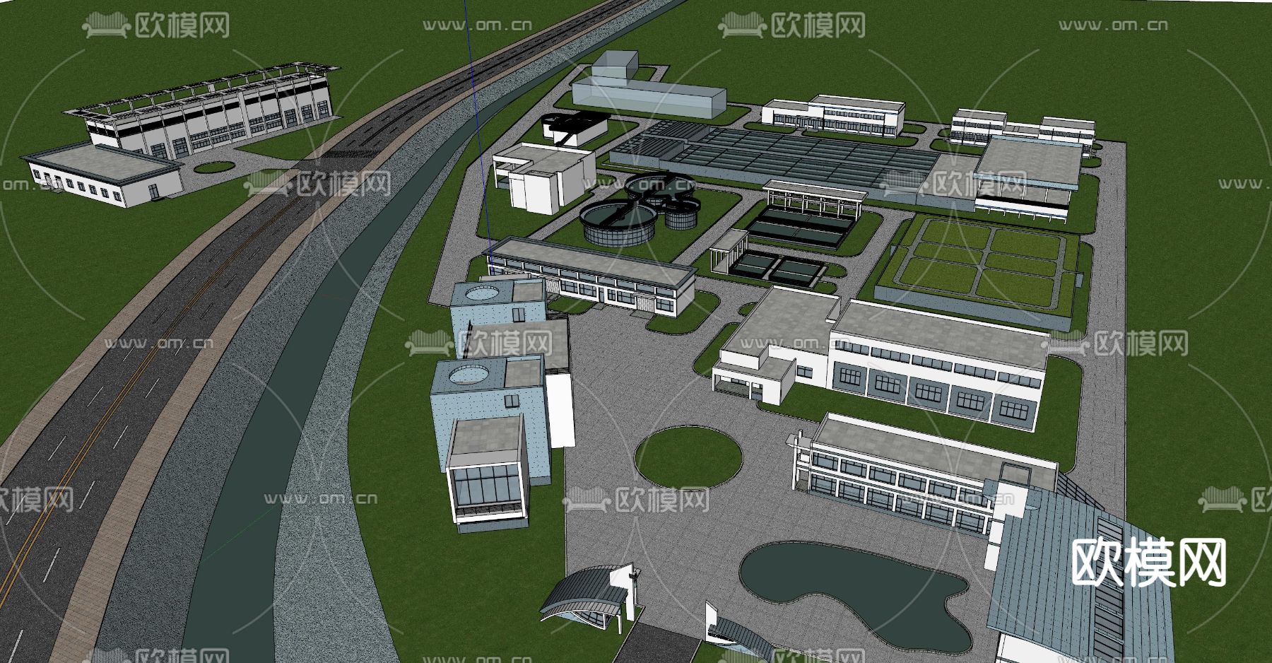 大型自来水厂 污水厂鸟瞰su模型下载（渲染图1）