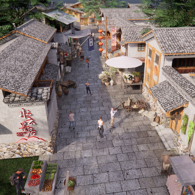  旅游小镇 乡村商业街su模型 