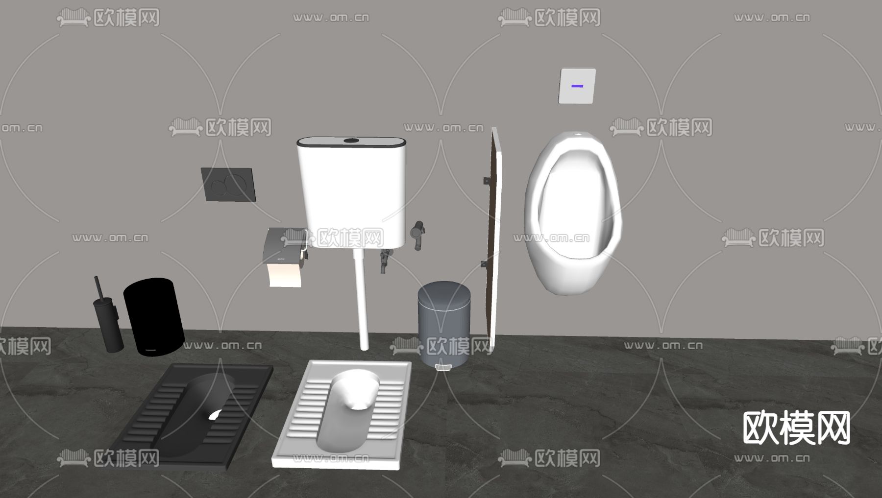 蹲便 小便斗 尿斗 垃圾桶 厕纸盒su模型下载（渲染图1）