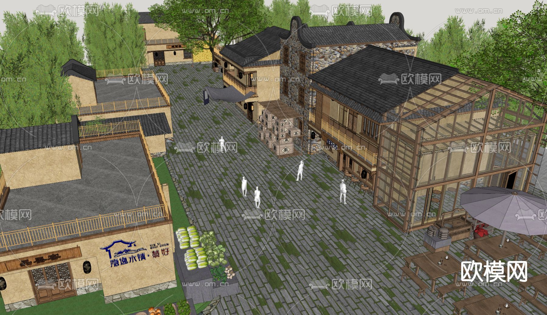 乡村商业街 旅游小镇 乡村田园民宿su模型下载（渲染图1）