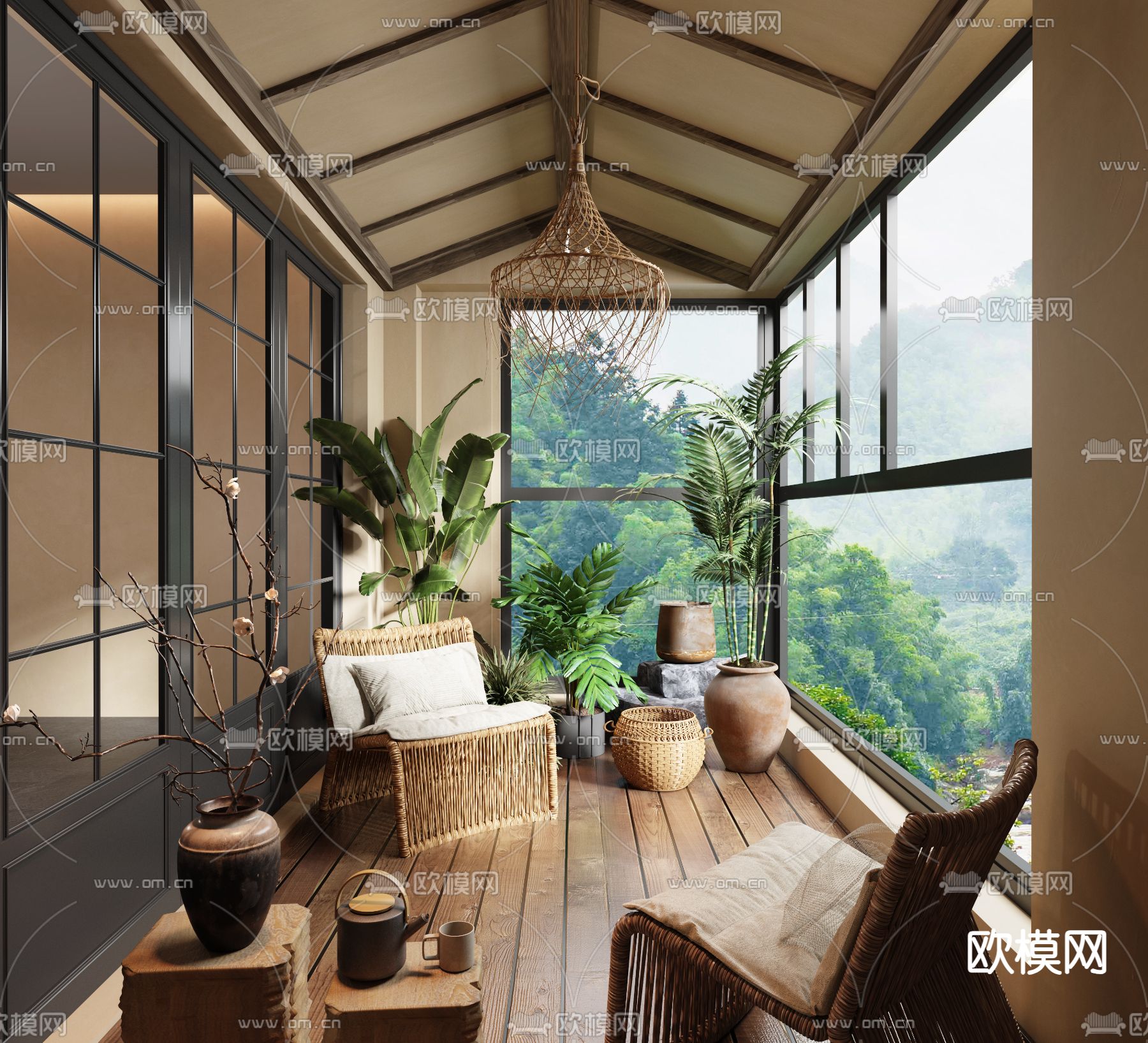 侘寂别墅阳台 休闲阳台3d模型下载（渲染图1）