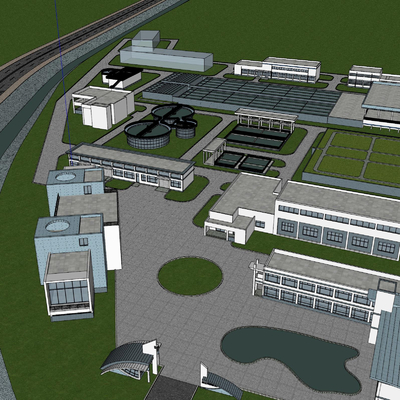  大型自来水厂 污水厂鸟瞰su模型 