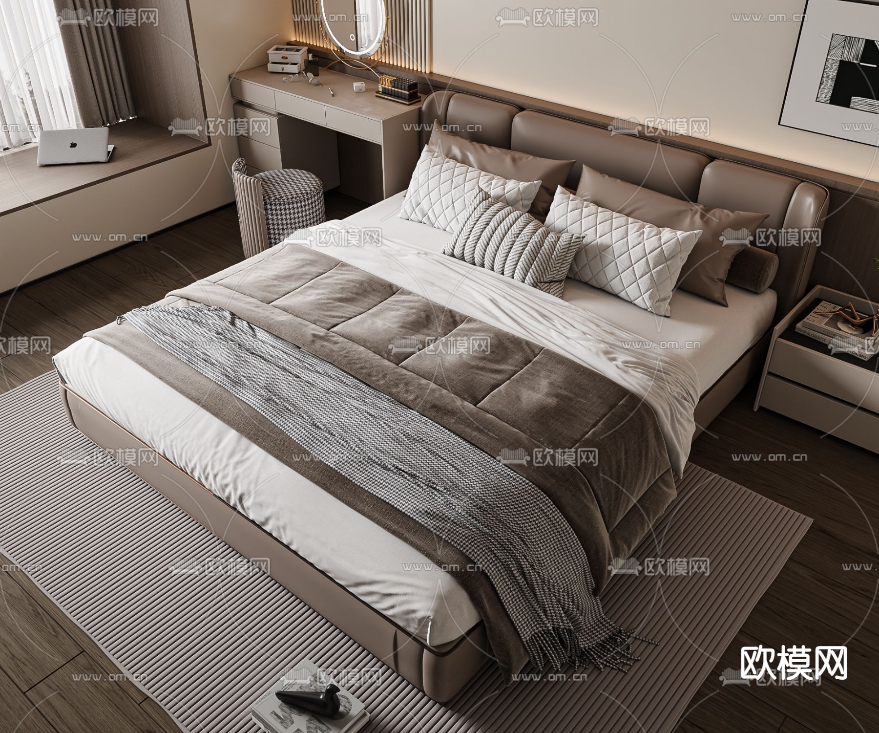 现代双人床su模型下载（渲染图2）