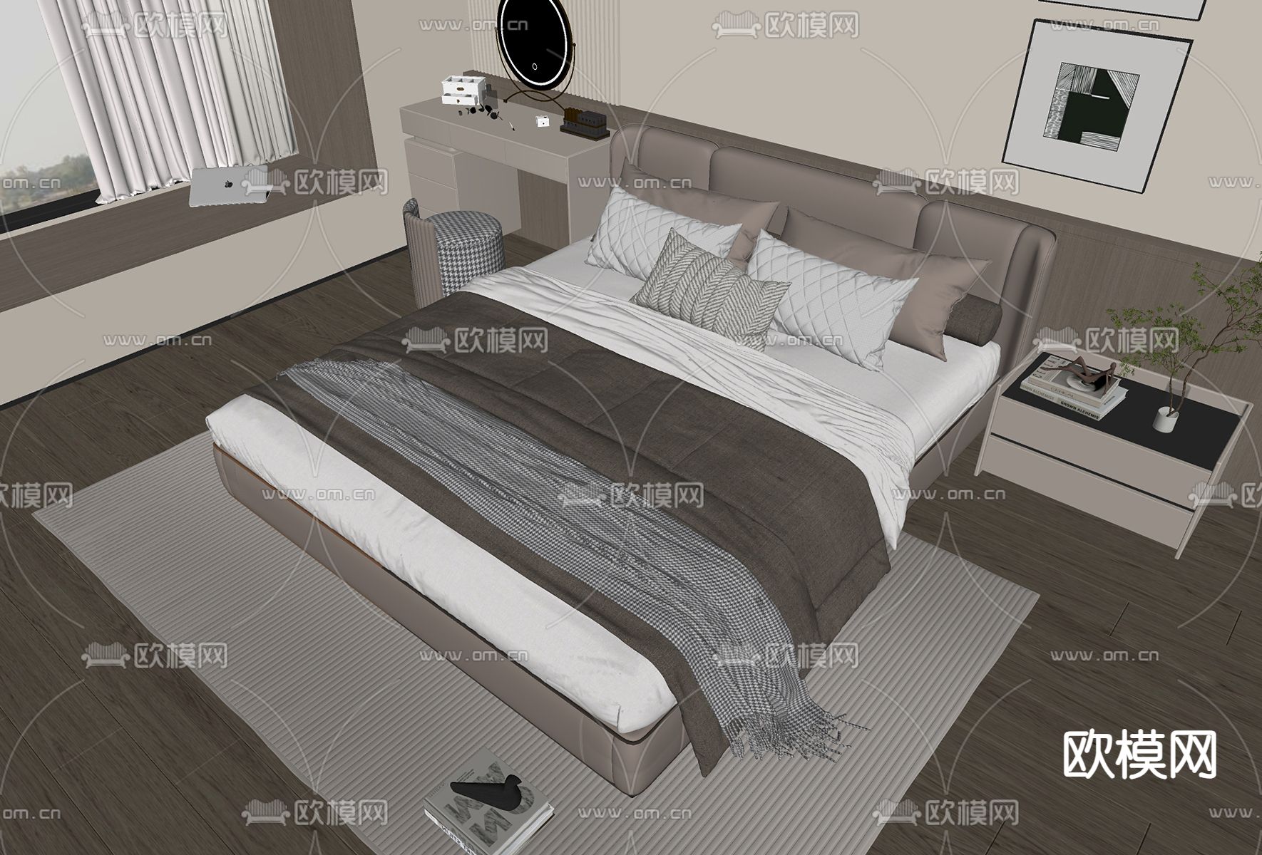 现代双人床su模型下载（渲染图1）