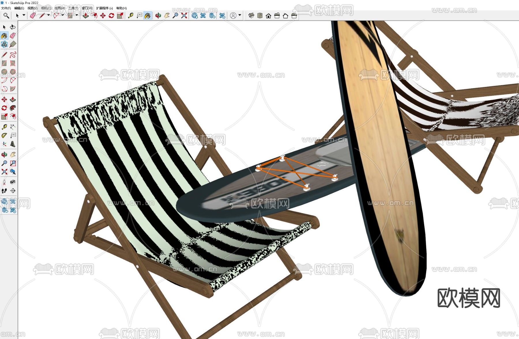 户外折叠椅 躺椅 沙滩椅su模型下载（渲染图1）