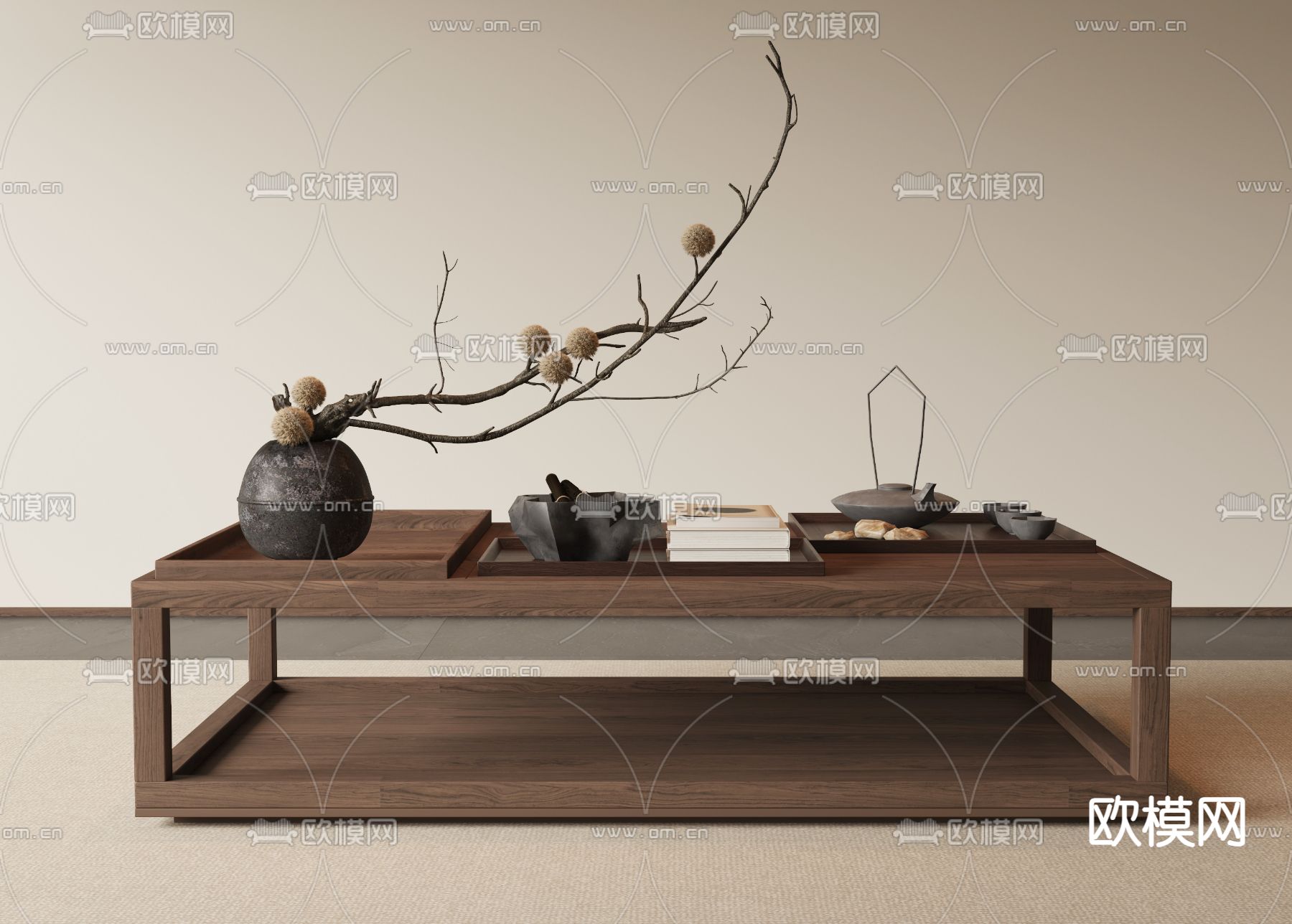 新中式茶几su模型下载（渲染图2）