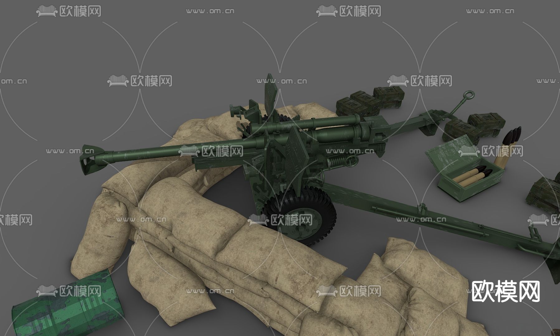 炮兵阵地 沙袋 榴弹炮su模型下载（渲染图2）