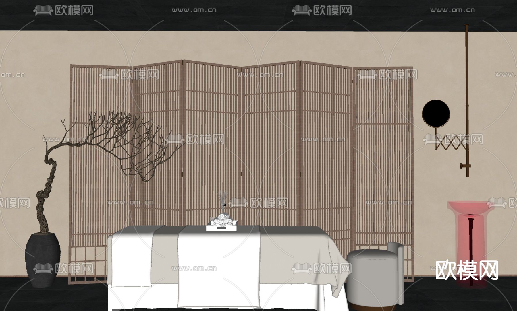新中式按摩床 美容床su模型下载（渲染图1）