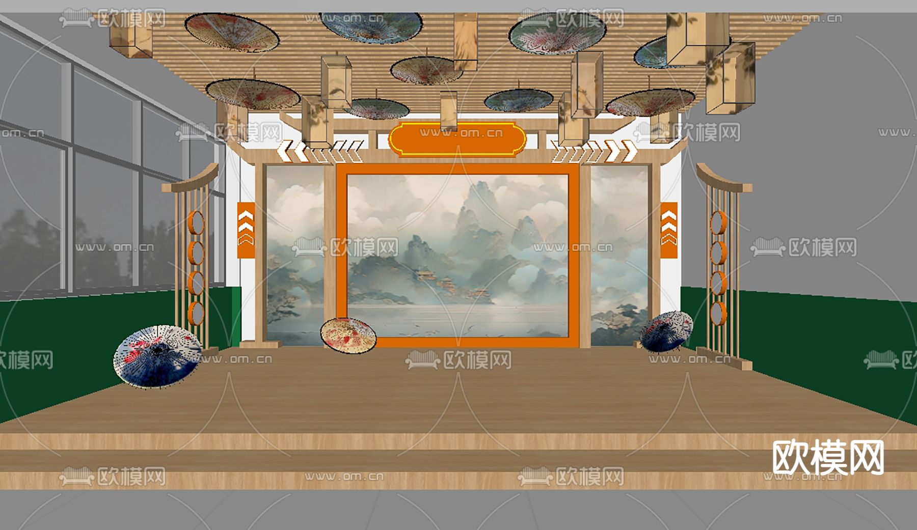 新中式大舞台su模型下载（渲染图1）