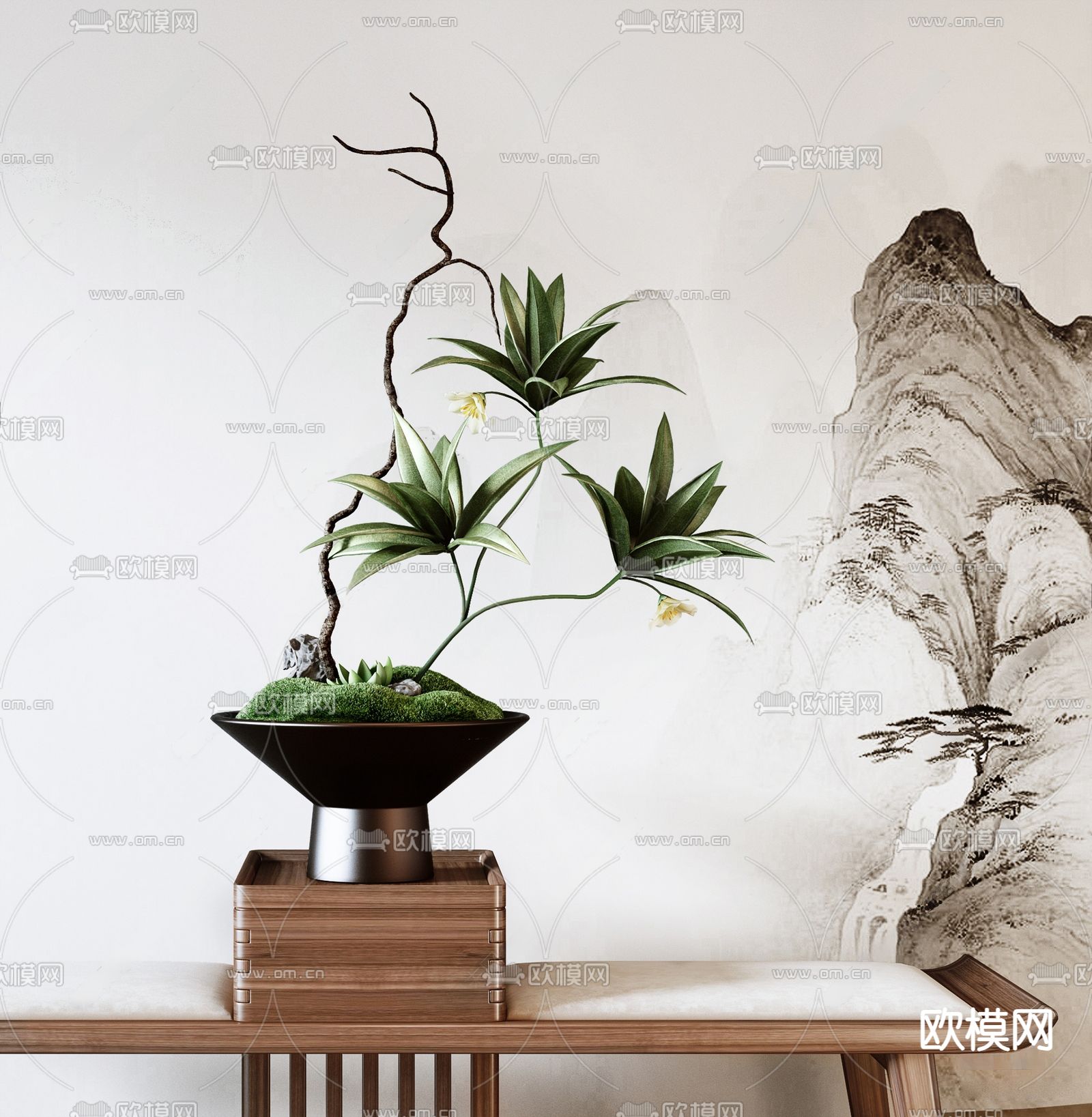 新中式盆栽 盆景 绿植3d模型下载