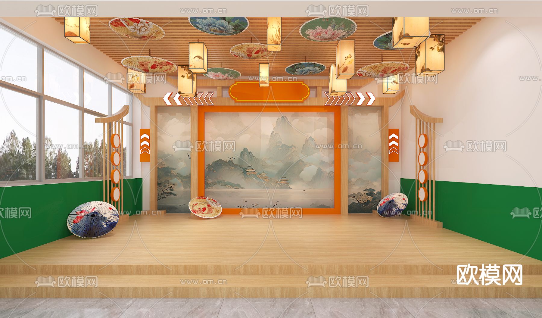 新中式大舞台su模型下载（渲染图2）