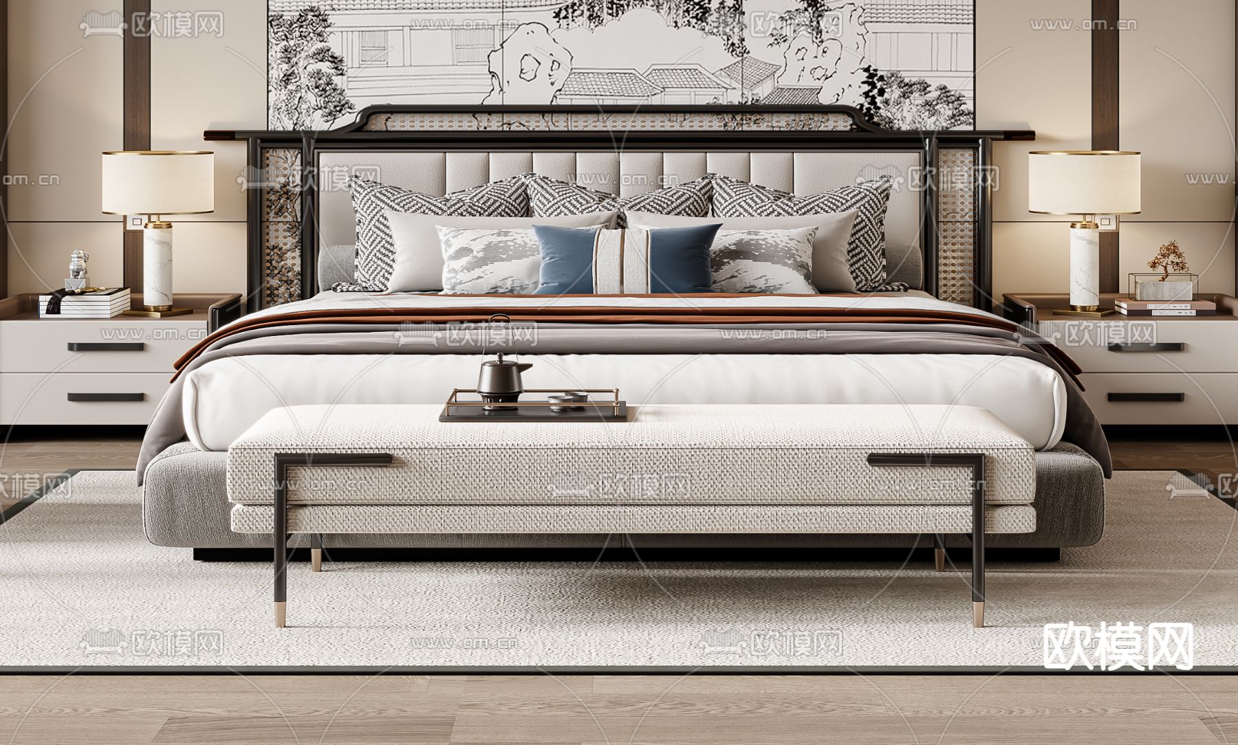 新中式双人床su模型下载（渲染图2）