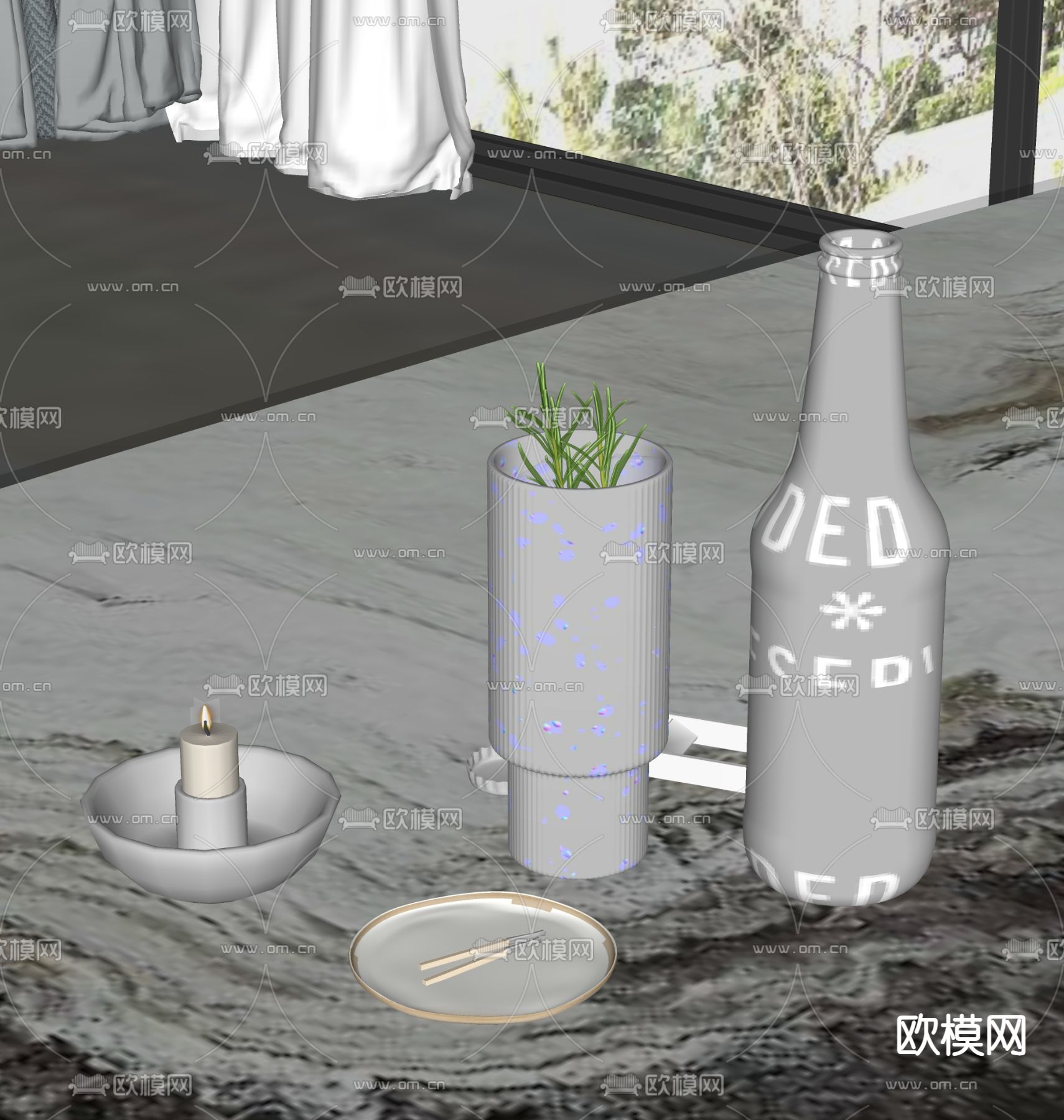 酒瓶 酒杯 蜡烛 厨房摆件su模型下载（渲染图1）