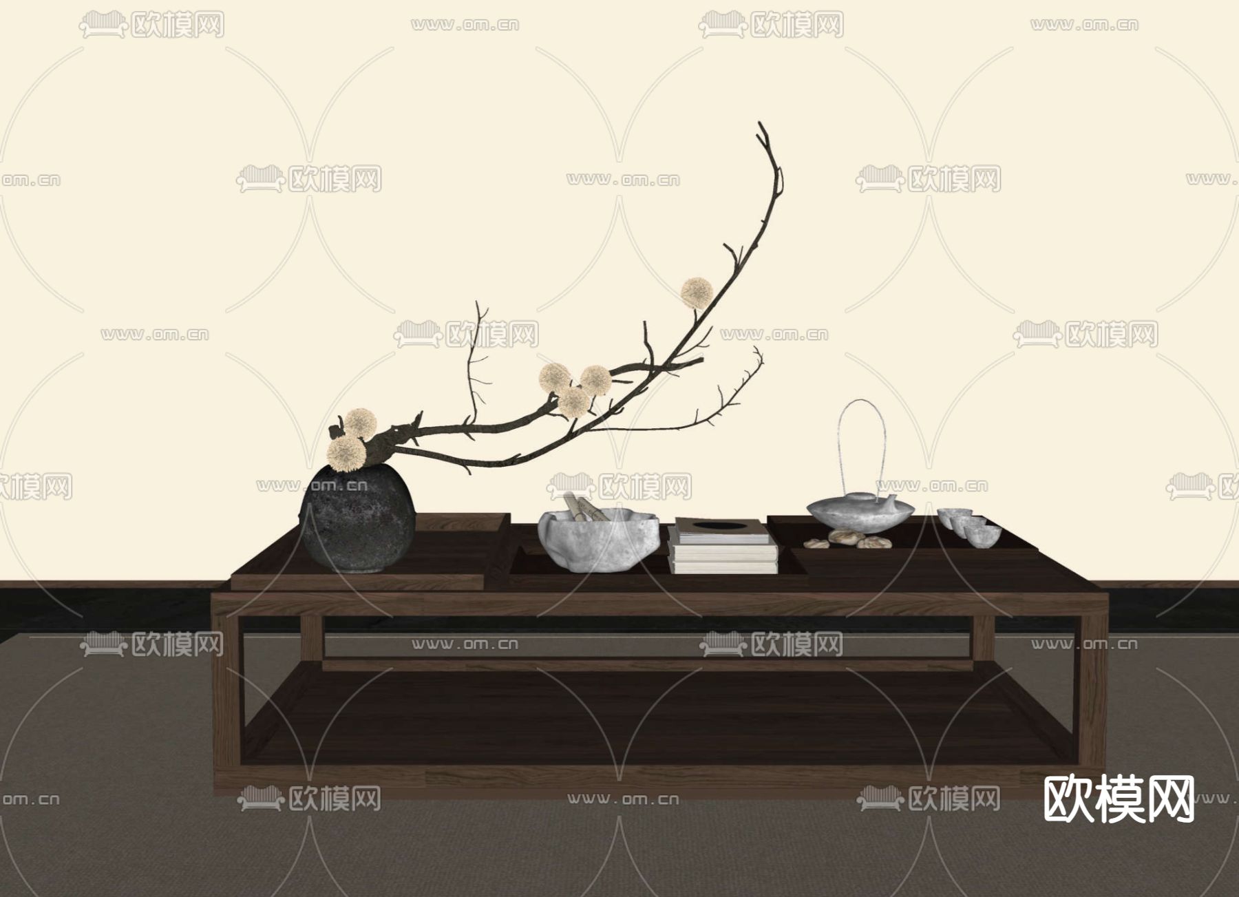 新中式茶几su模型下载（渲染图1）