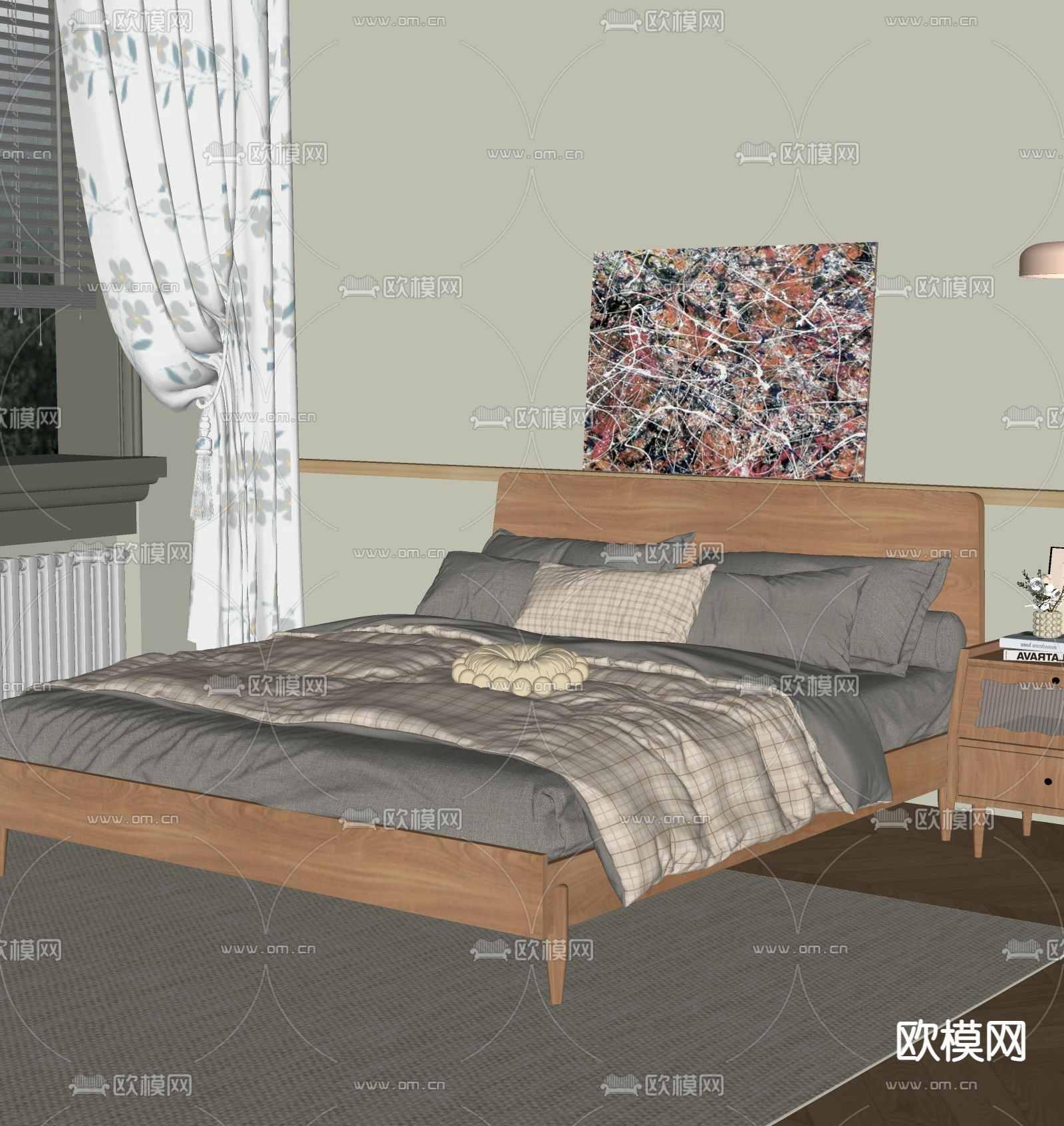 中古双人床su模型下载（渲染图1）