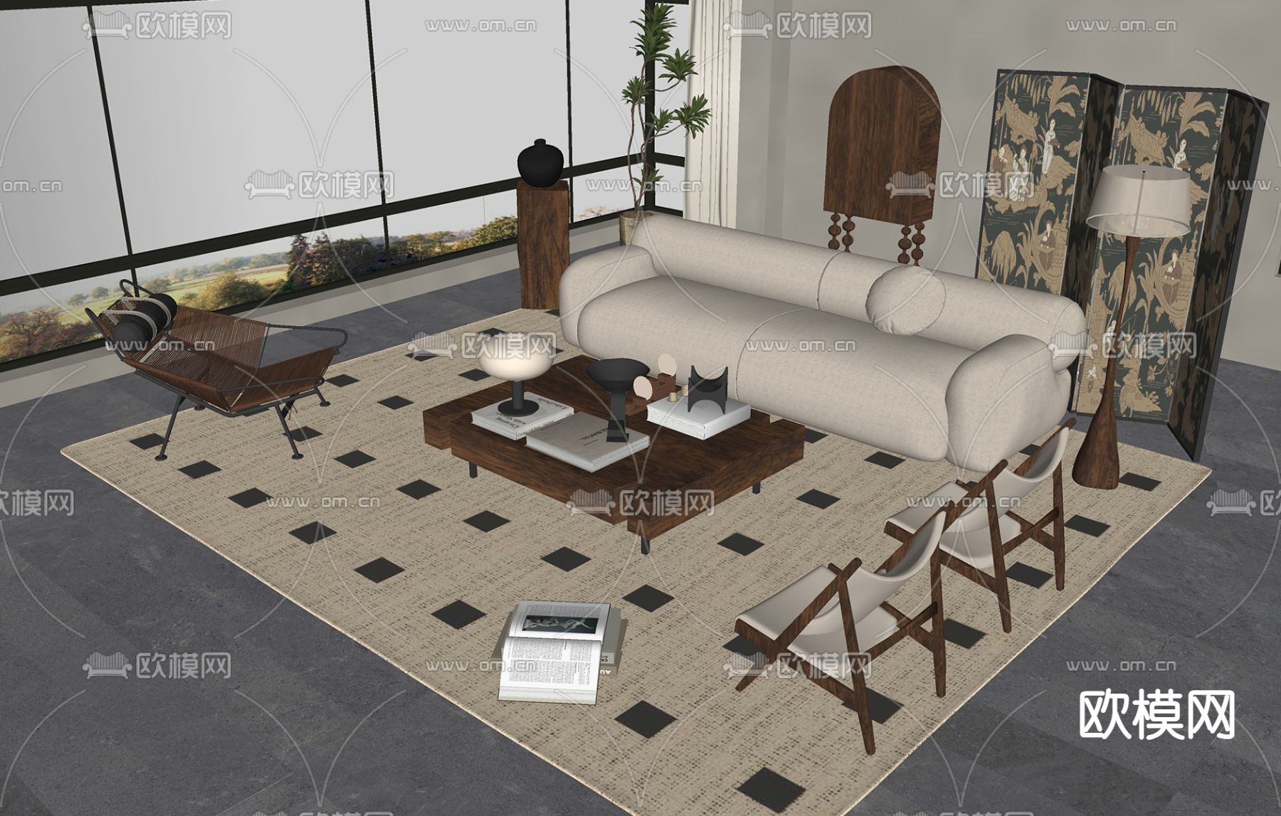中古风组合沙发su模型下载（渲染图1）
