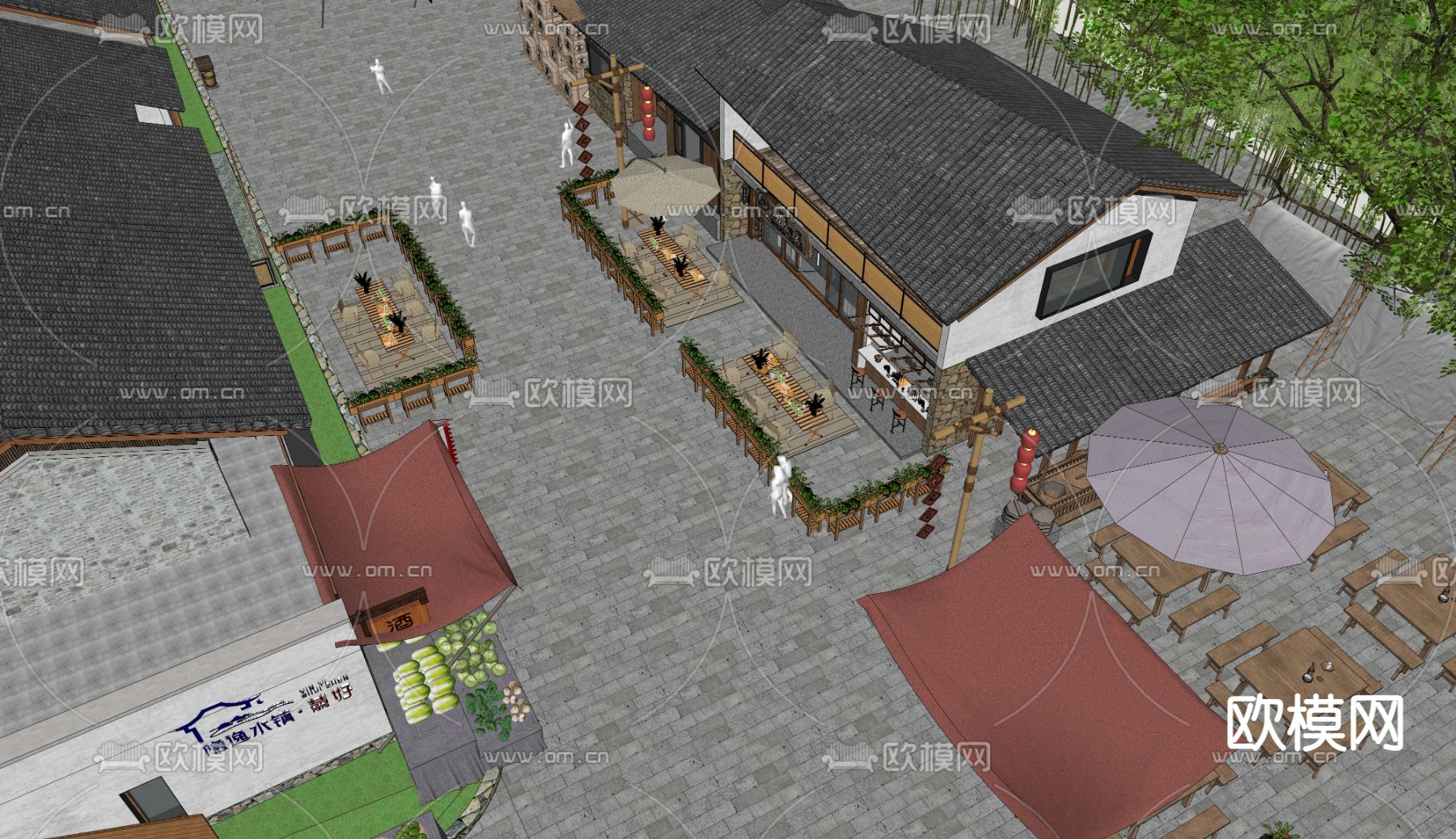 新中式 小镇商业街 民宿步行街su模型下载（渲染图1）