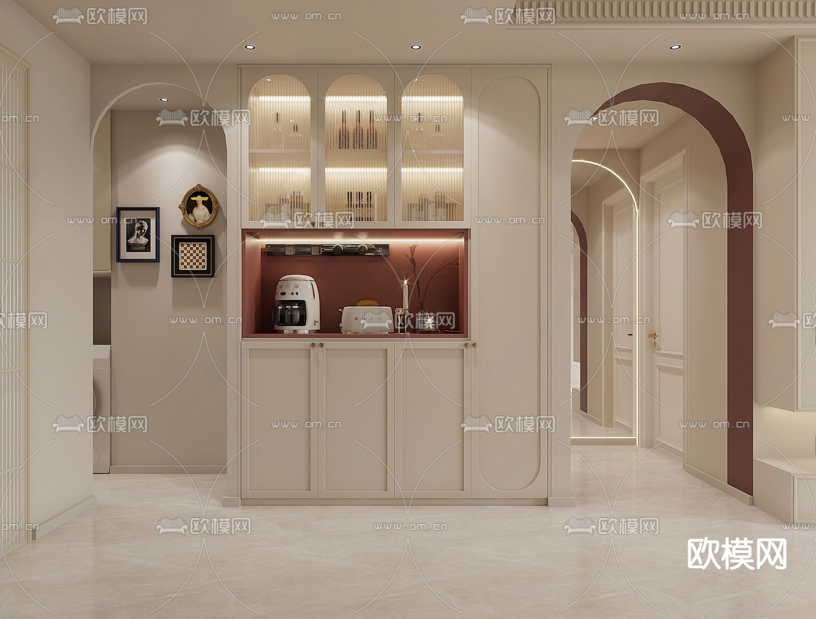 奶油风酒柜 一体柜3d模型下载（渲染图1）