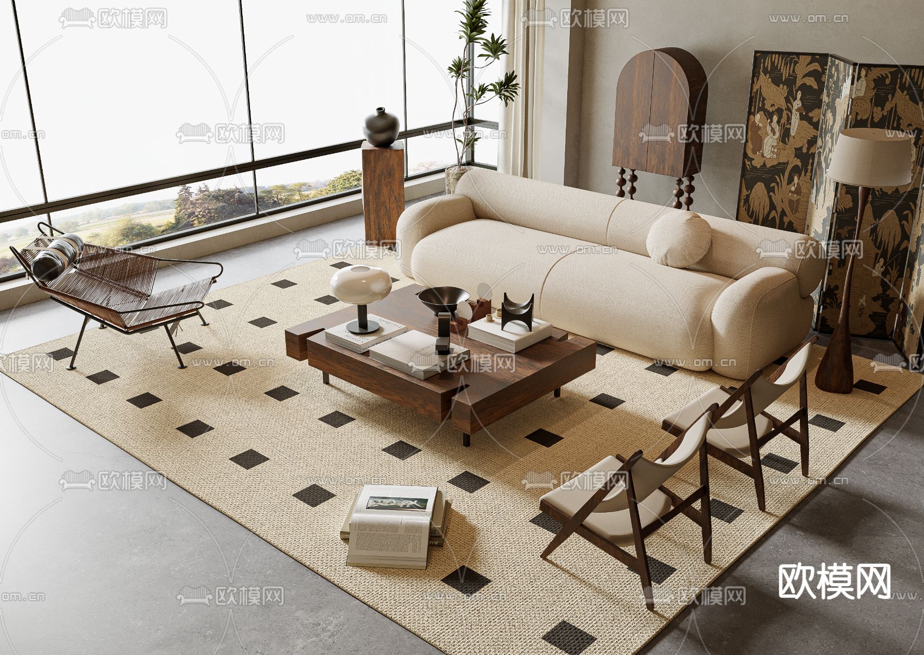 中古风组合沙发su模型下载（渲染图2）