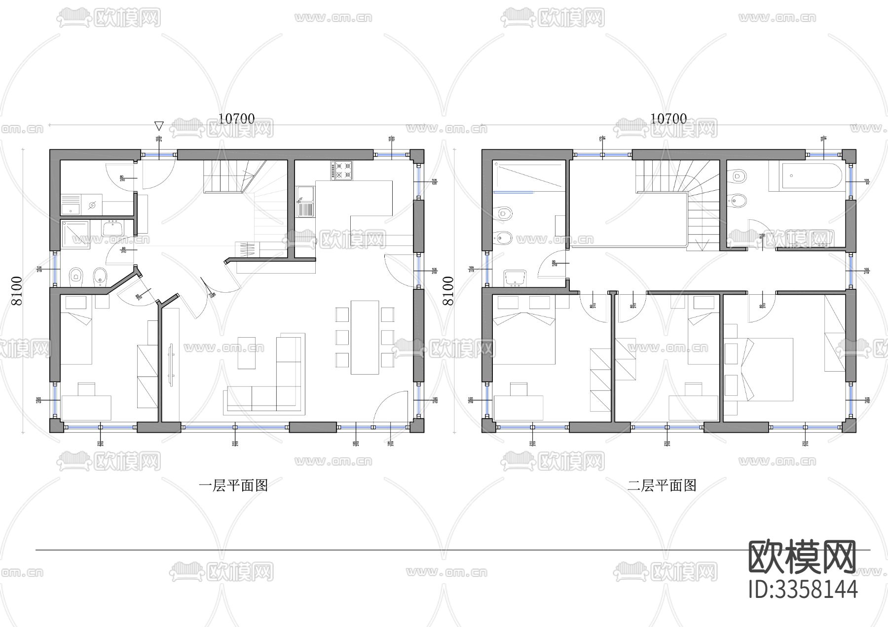 174m²两层别墅住宅cad平面图下载
