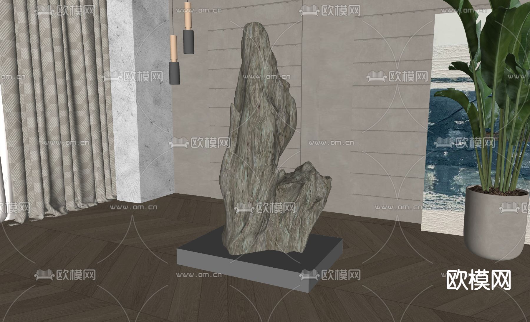 侘寂风石头 雕塑摆件su模型下载（渲染图1）