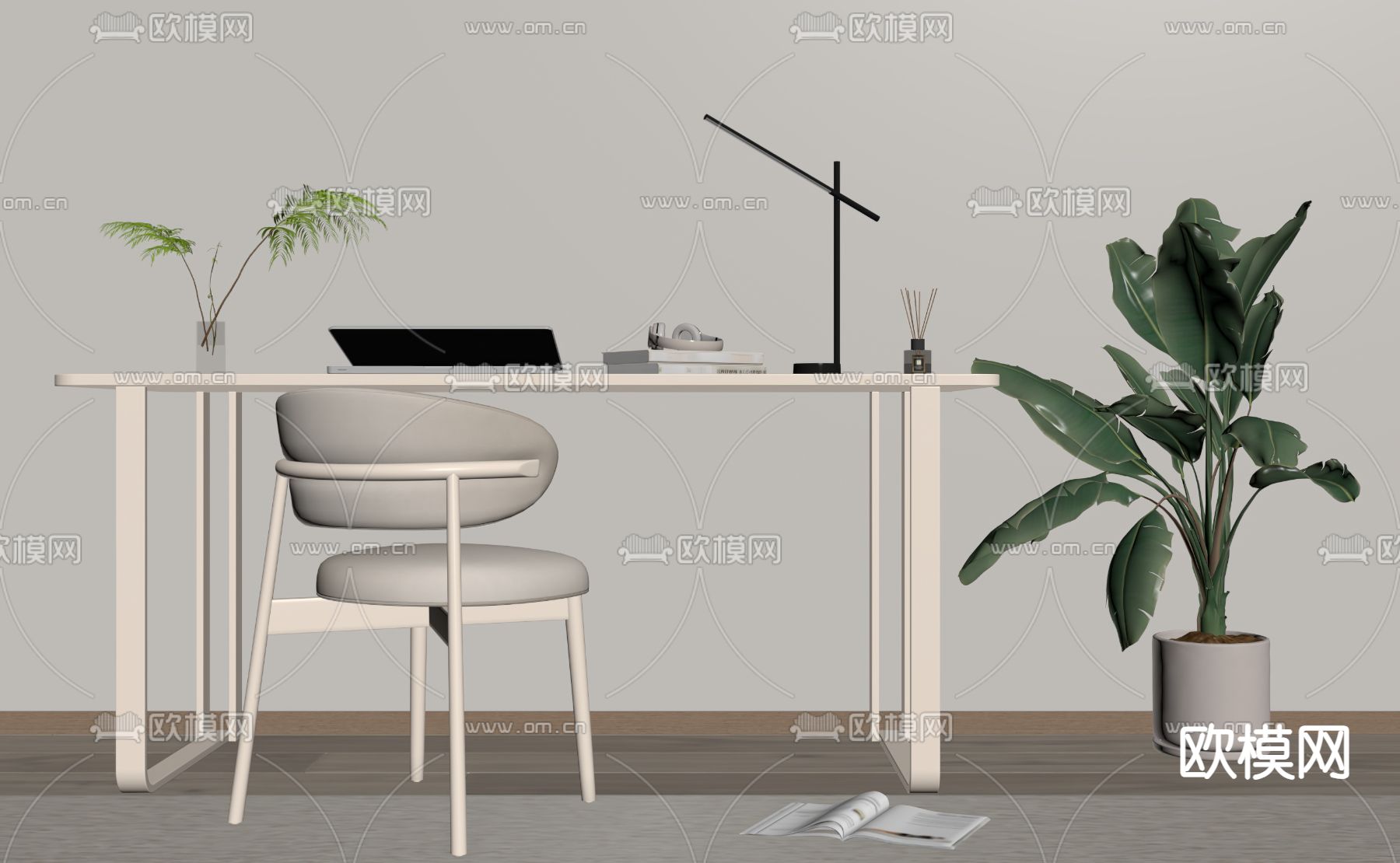 奶油风书桌椅su模型下载（渲染图1）