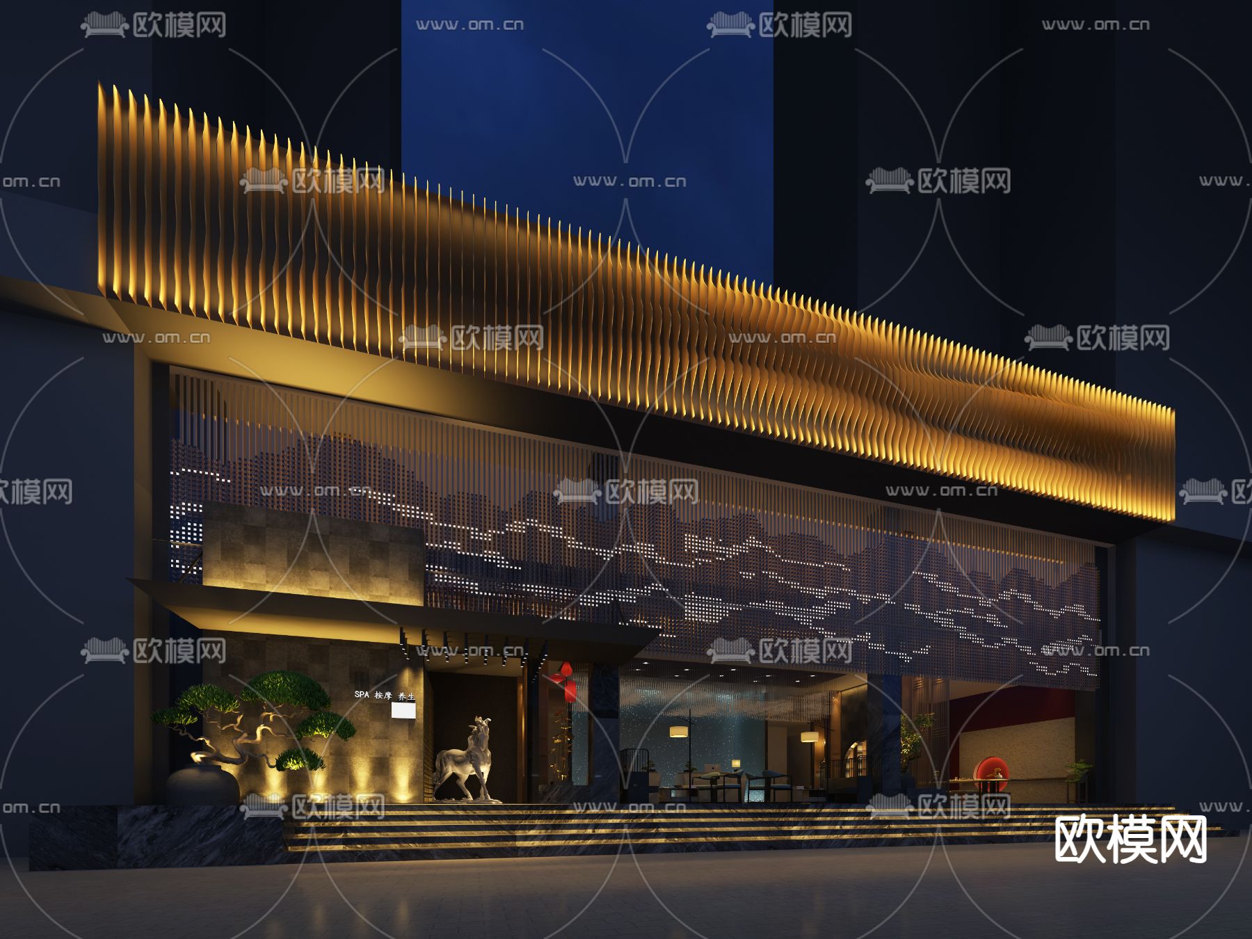 洗浴中心门头 足浴门面 夜景3d模型下载