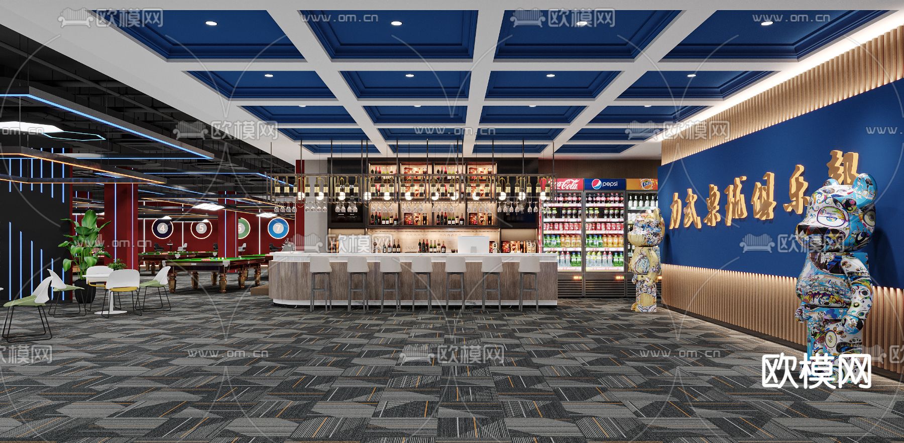 工业风台球室 台球厅3d模型下载（渲染图2）