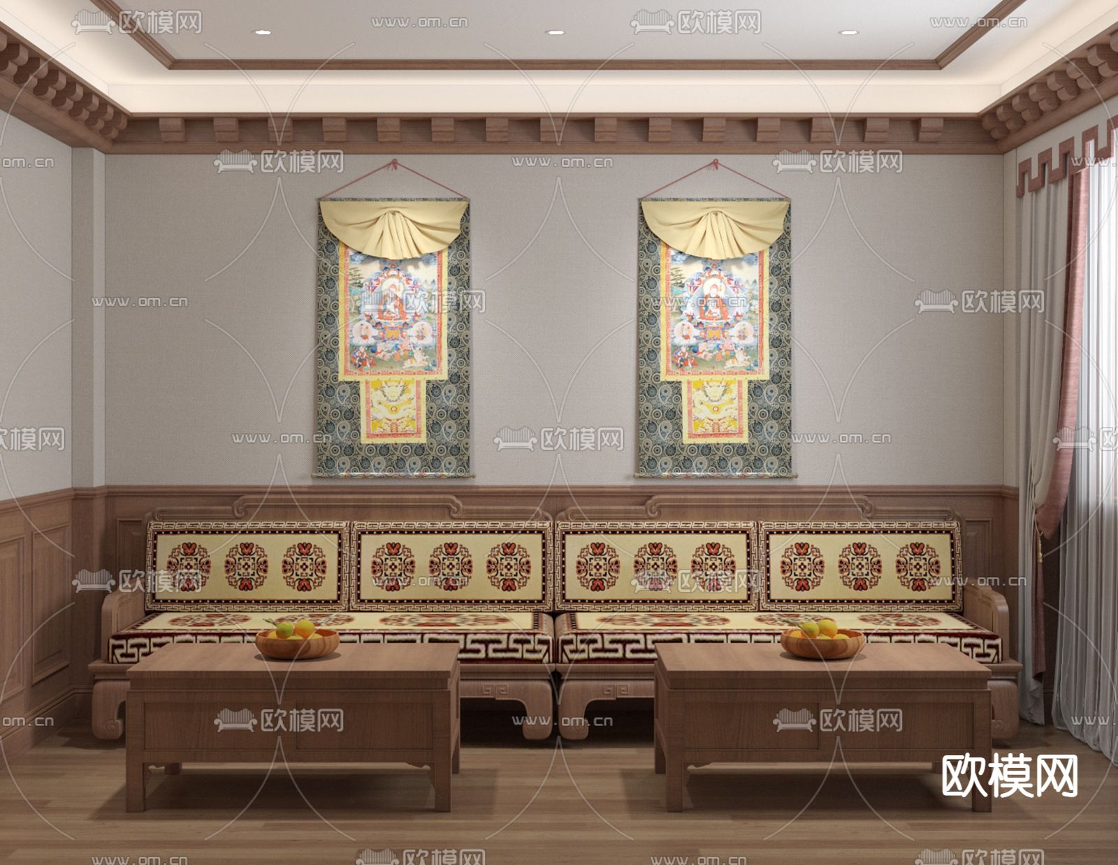 中式民族风组合沙发su模型下载（渲染图2）