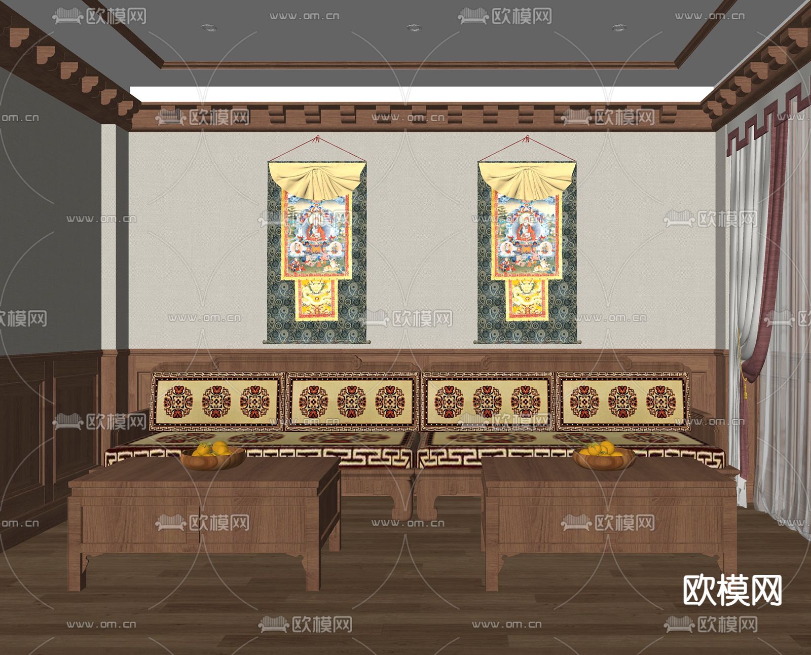 中式民族风组合沙发su模型下载（渲染图1）